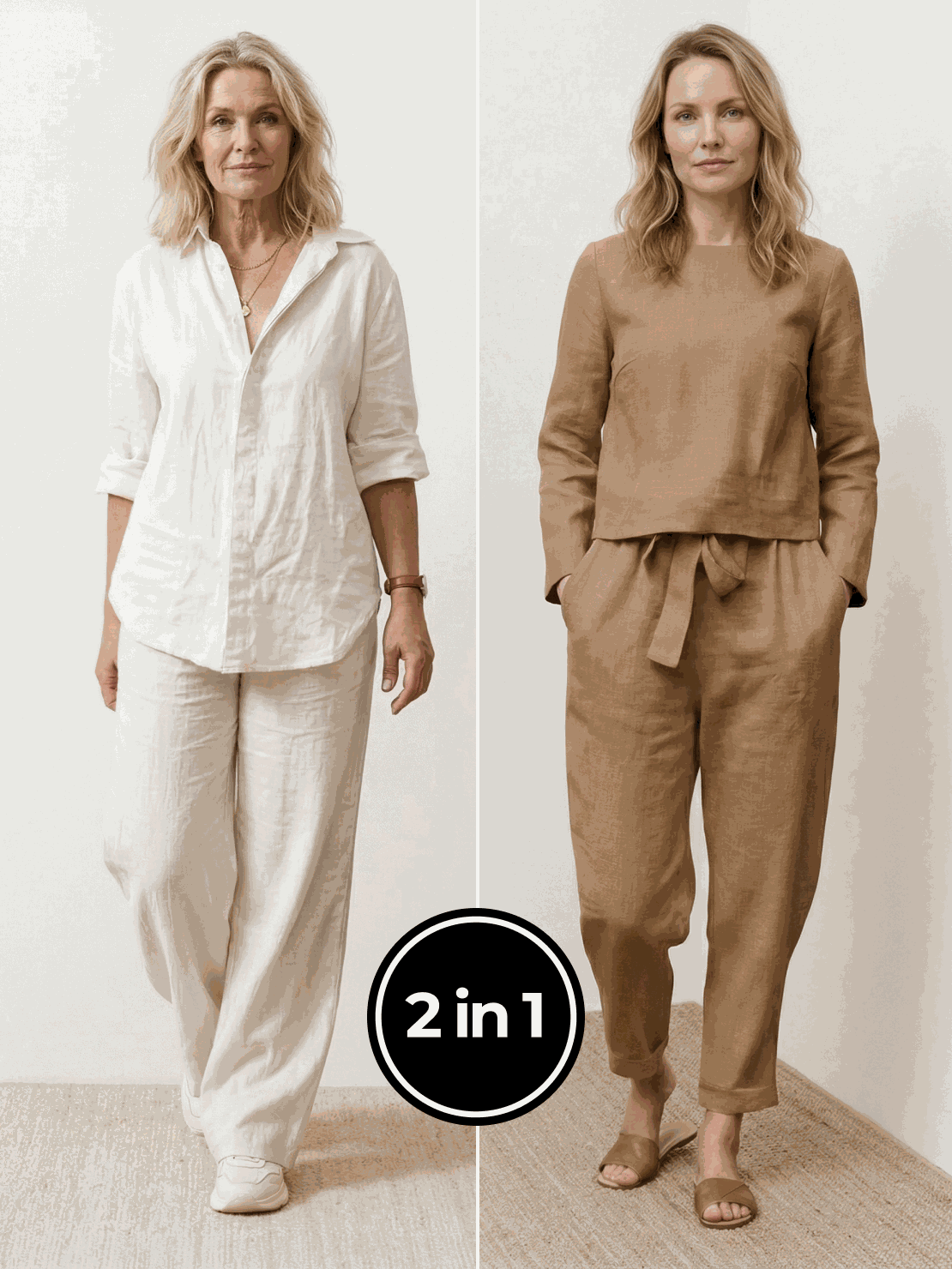Women wearing Casual Chic Duo breathable cotton and linen two-piece outfits standing side by side
