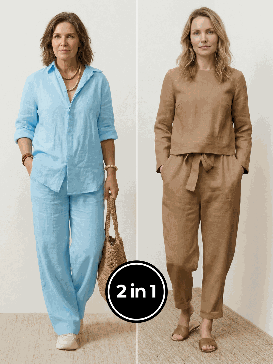 Two women wearing breathable casual chic duo outfits in natural fabrics for mix and match style
