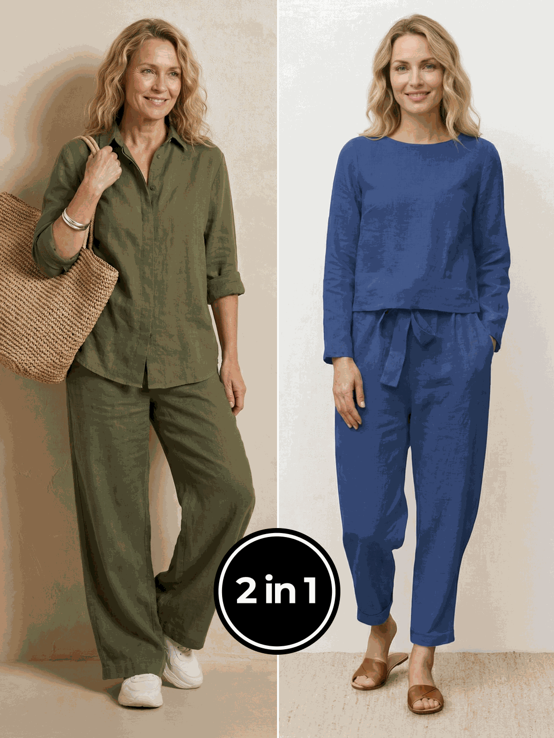Two women modeling Casual Chic Duo breathable cotton and linen two-piece sets for effortless style