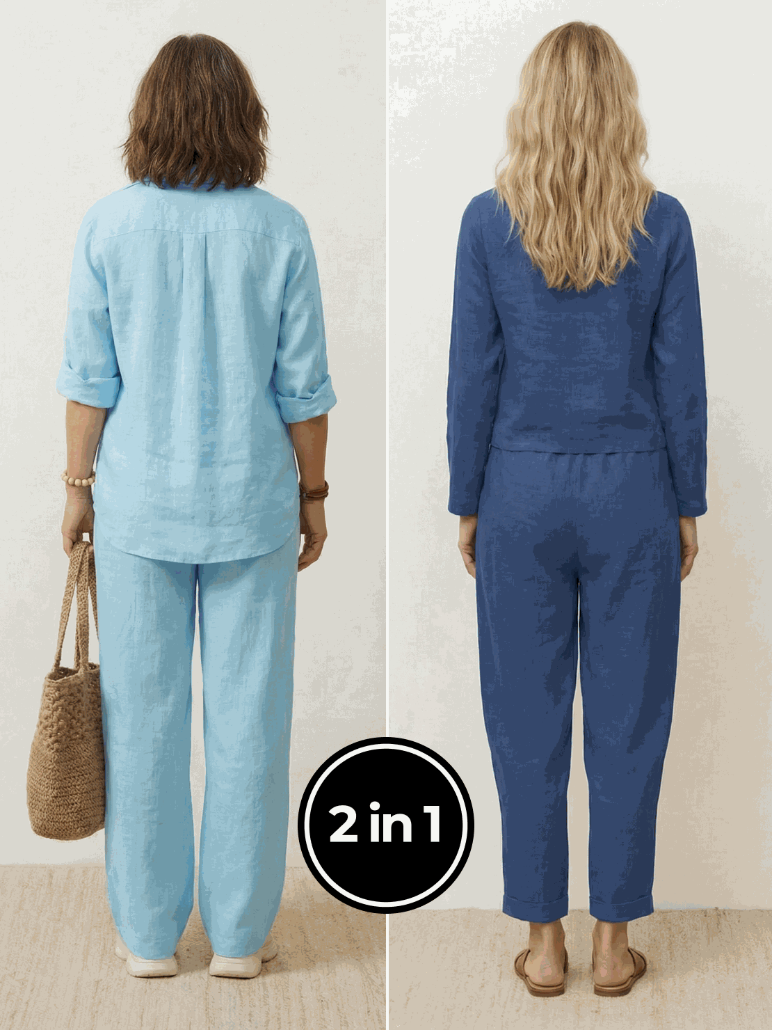 Two women wearing Casual Chic Duo breathable cotton and linen mix-and-match two-piece sets