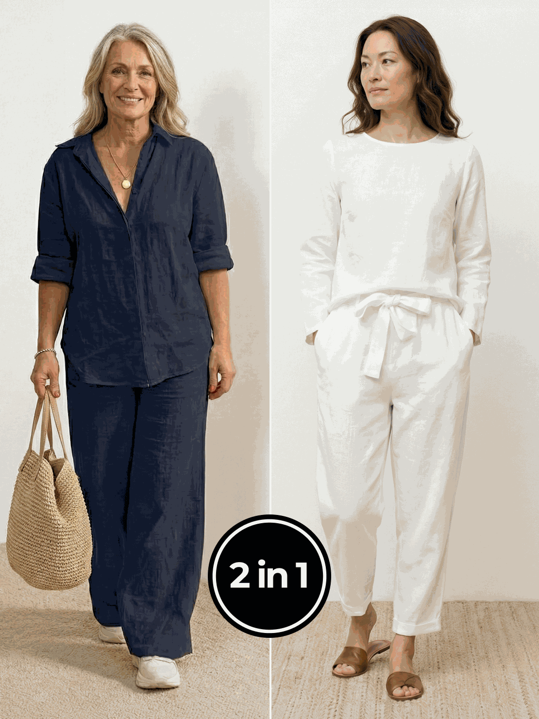 Two women modeling Casual Chic Duo breathable cotton and linen two-piece sets for mix and match style