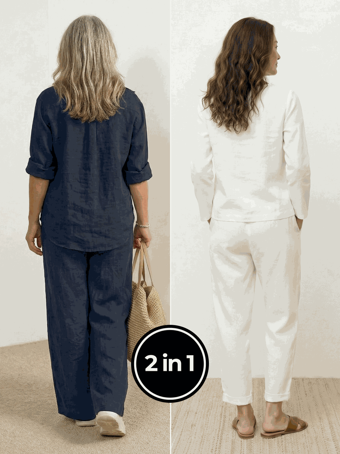 Two women modeling Casual Chic Duo breathable cotton and linen two-piece sets in relaxed stylish outfits