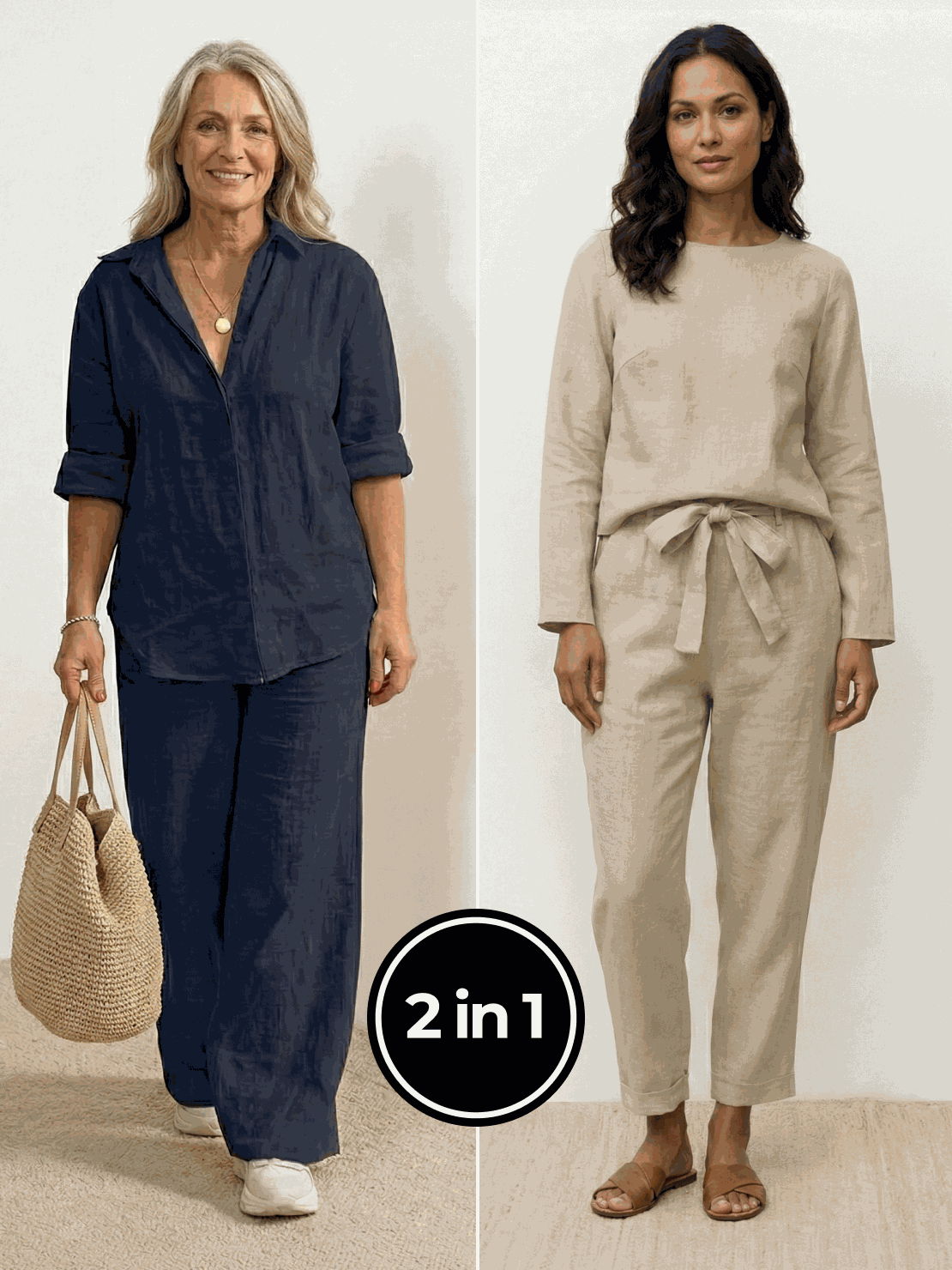 Two women wearing casual chic duo breathable cotton and linen mix-and-match sets