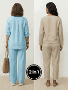 Two women modeling casual chic duo bestselling relaxed shirt and cotton linen two-piece sets outdoors