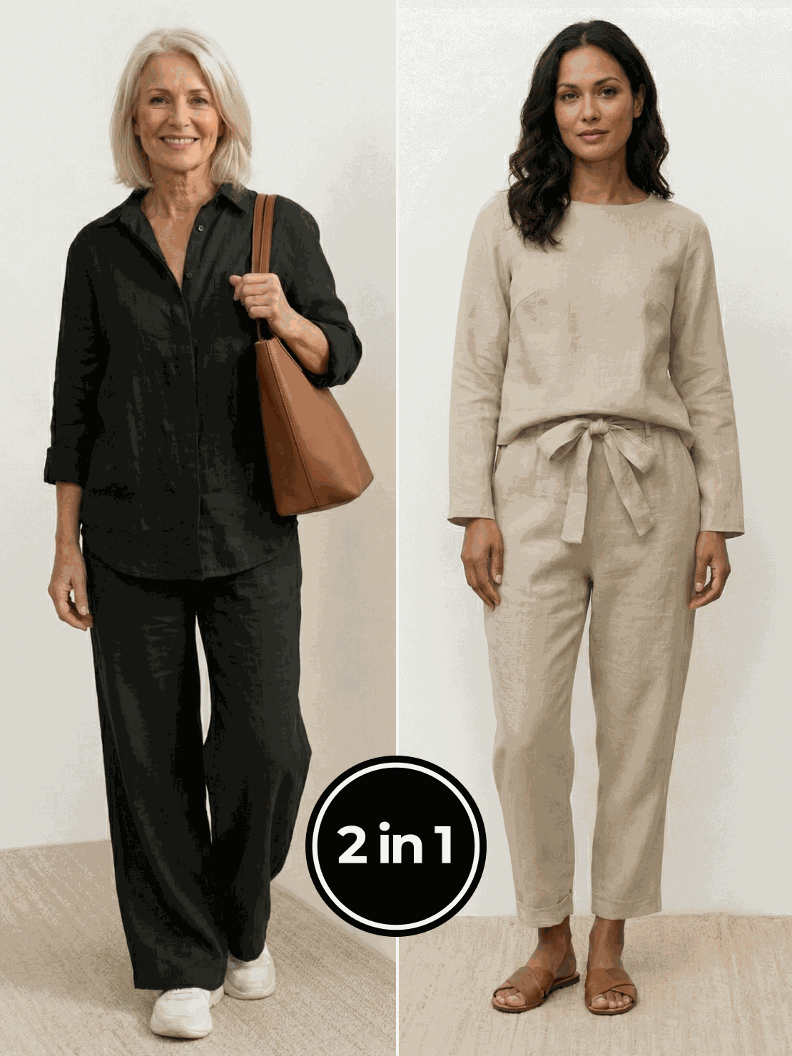 Two women wearing casual chic duo breathable cotton and linen two-piece sets, styled for mix and match comfort and effortless style