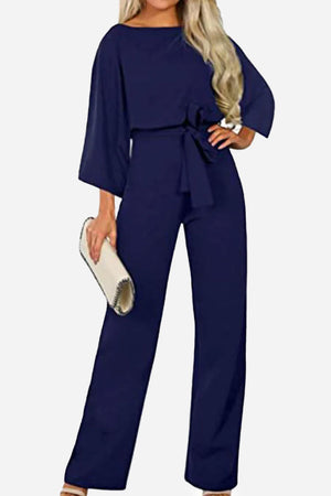 Casual Long Sleeve Belted Jumpsuit