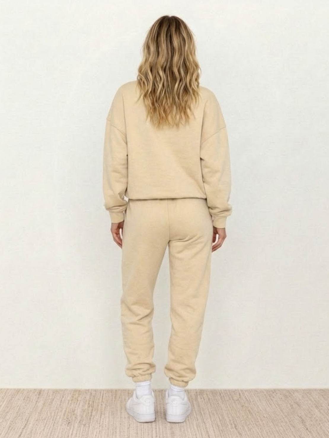 Woman wearing Classic Comfort Athleisure Set in stretchy, wrinkle-resistant fabric designed for all-day comfort and style