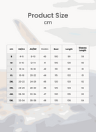 Oversized long zip sweatshirt size chart with measurements in cm for shoulders, bust, length, and sleeves