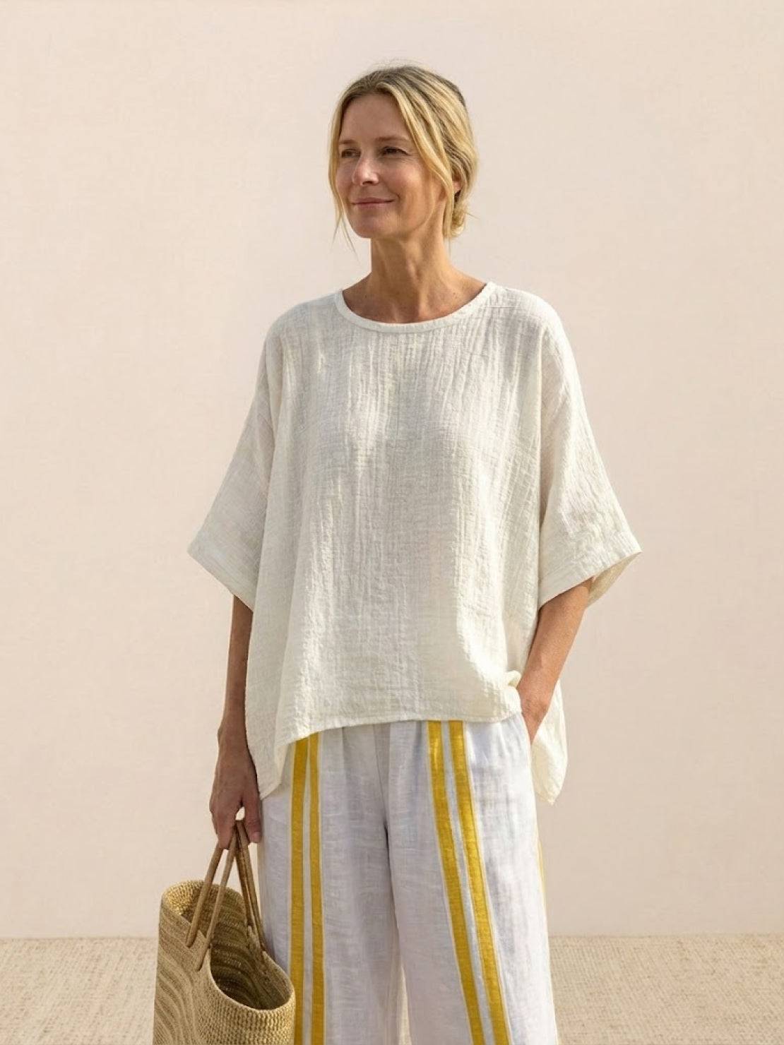 Coastal Comfort Linen two-piece set with lace details and wide-leg pants on a white background