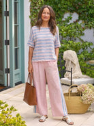 Coastal Comfort Linen two-piece set with lace details and relaxed fit on model