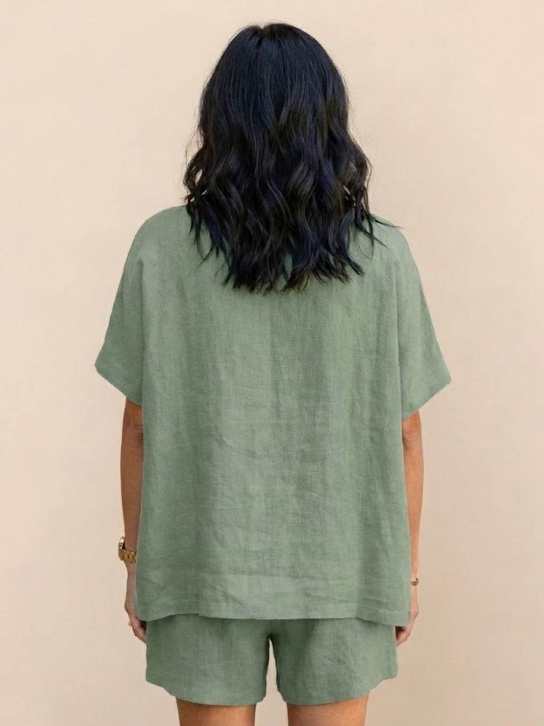 Light and airy comfy linen-like shirt and shorts two-piece set for casual and versatile wear