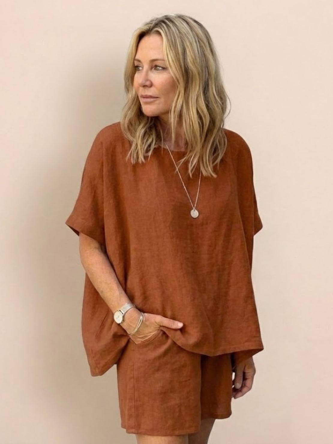 Comfy linen-like shirt and shorts two-piece set in breathable fabric for versatile casual and office wear