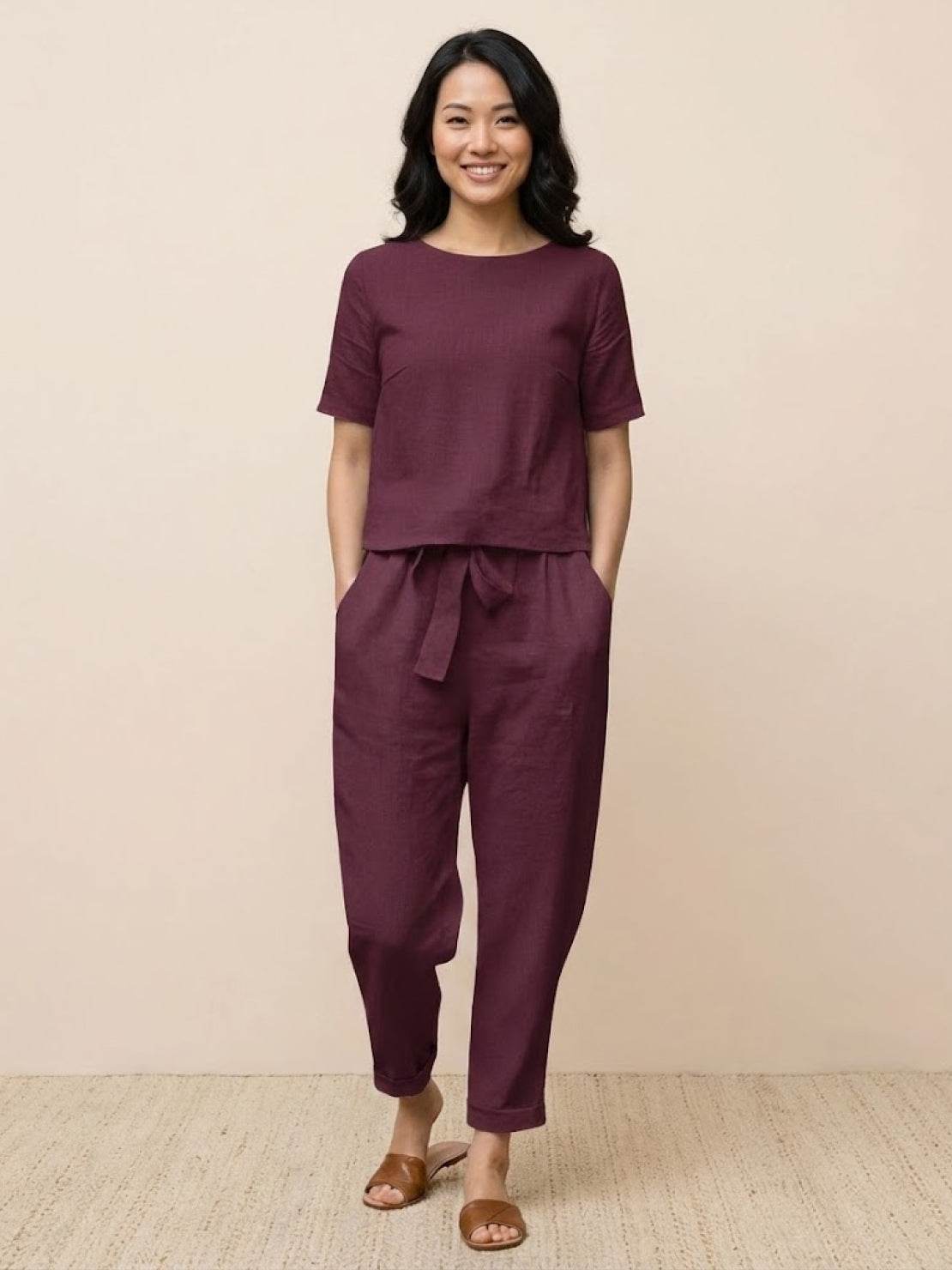 woman wearing cotton-linen blend monochrome two-piece set with relaxed fit and breathable fabric