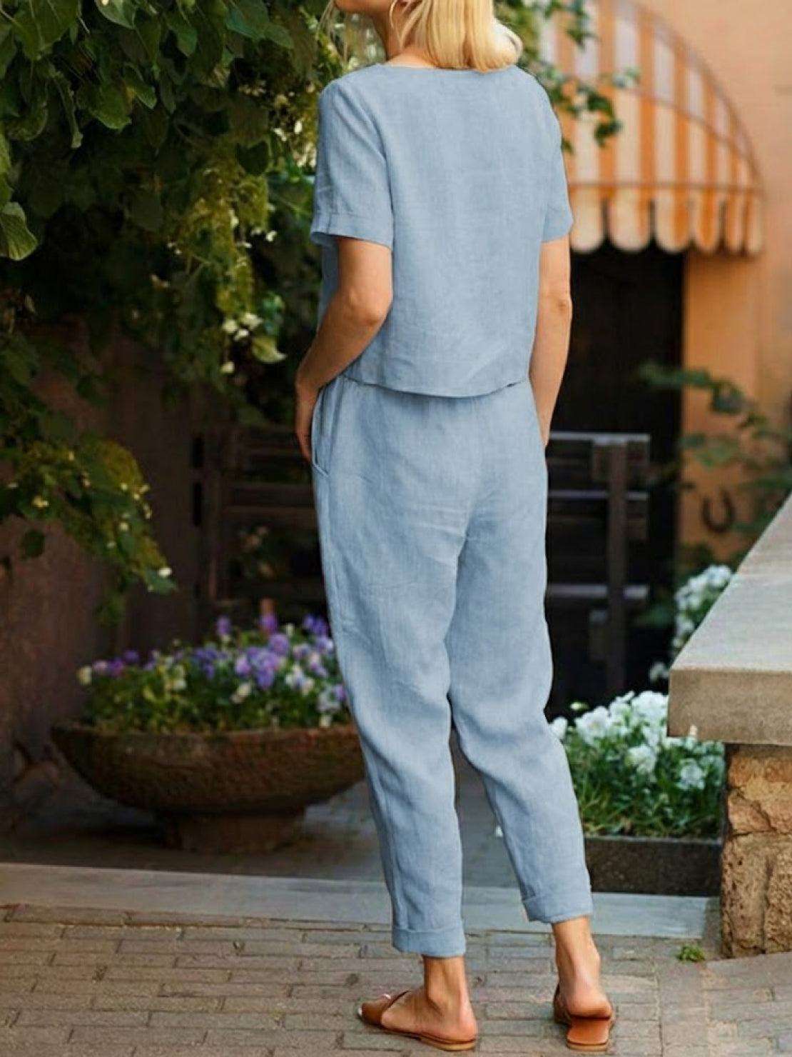 Cotton linen monochrome straight-leg pants with breathable natural texture and relaxed fit