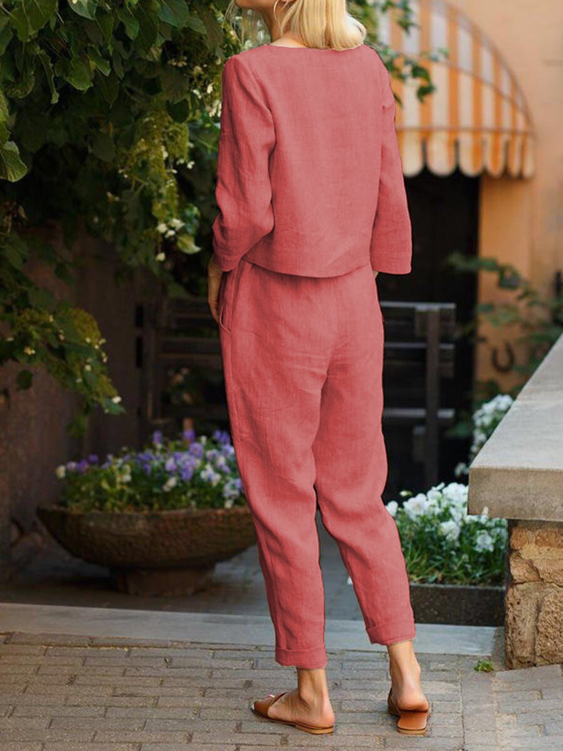 Cotton-linen monochrome longline top and wide-leg pants set with relaxed fit and natural crumple texture