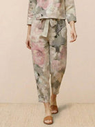 Woman modeling relaxed cotton-linen monochrome longline top and wide-leg pants set