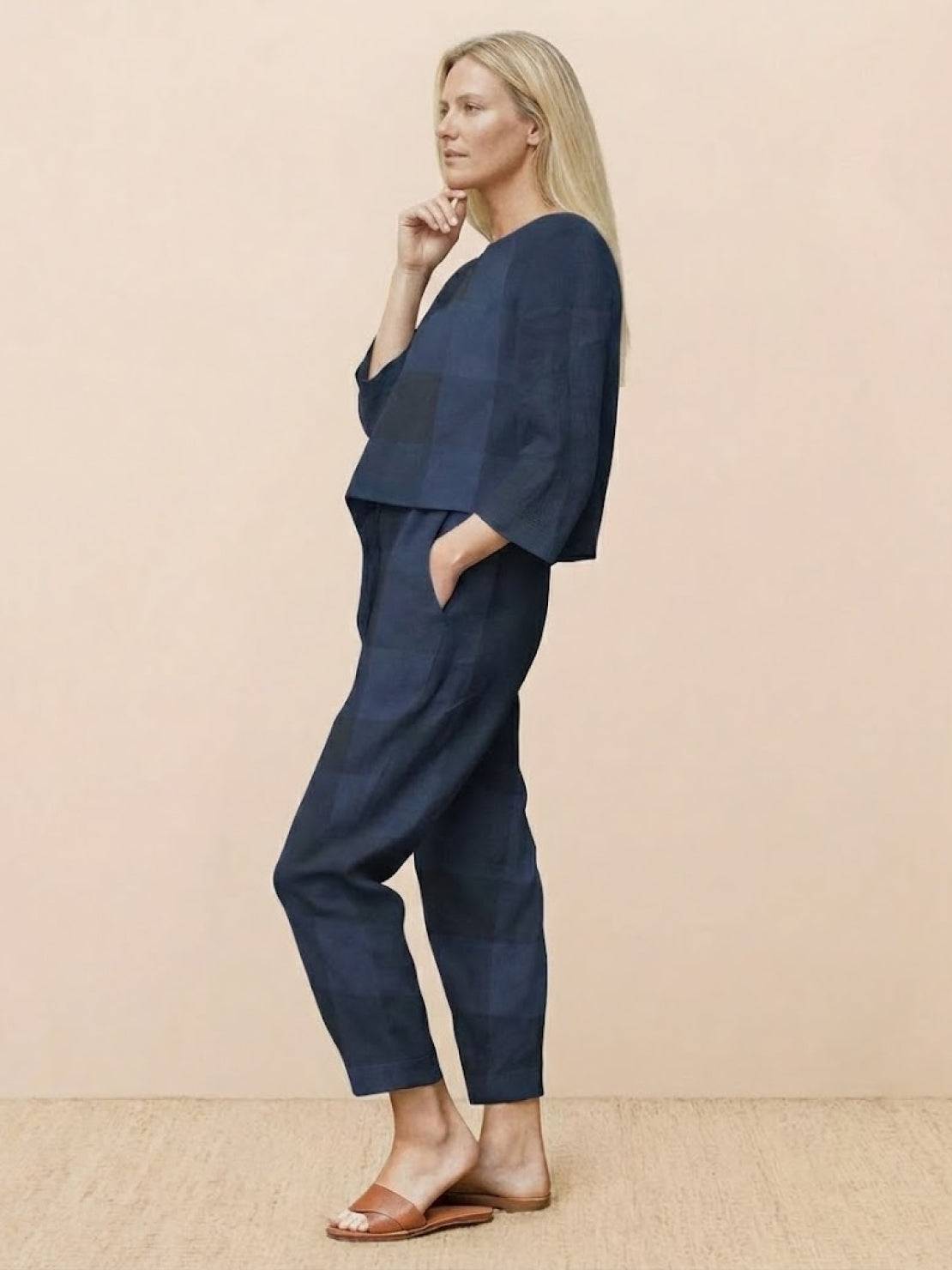 Cotton-linen monochrome set with relaxed longline top and wide-leg pants