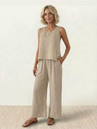 Dreamcatcher Crochet-Back two-piece set with asymmetric top and wide-leg palazzo pants in linen-look fabric