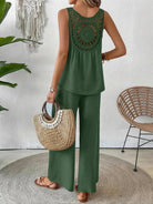 Dreamcatcher Crochet-Back two-piece set with sleeveless top and wide-leg pants in linen-look fabric