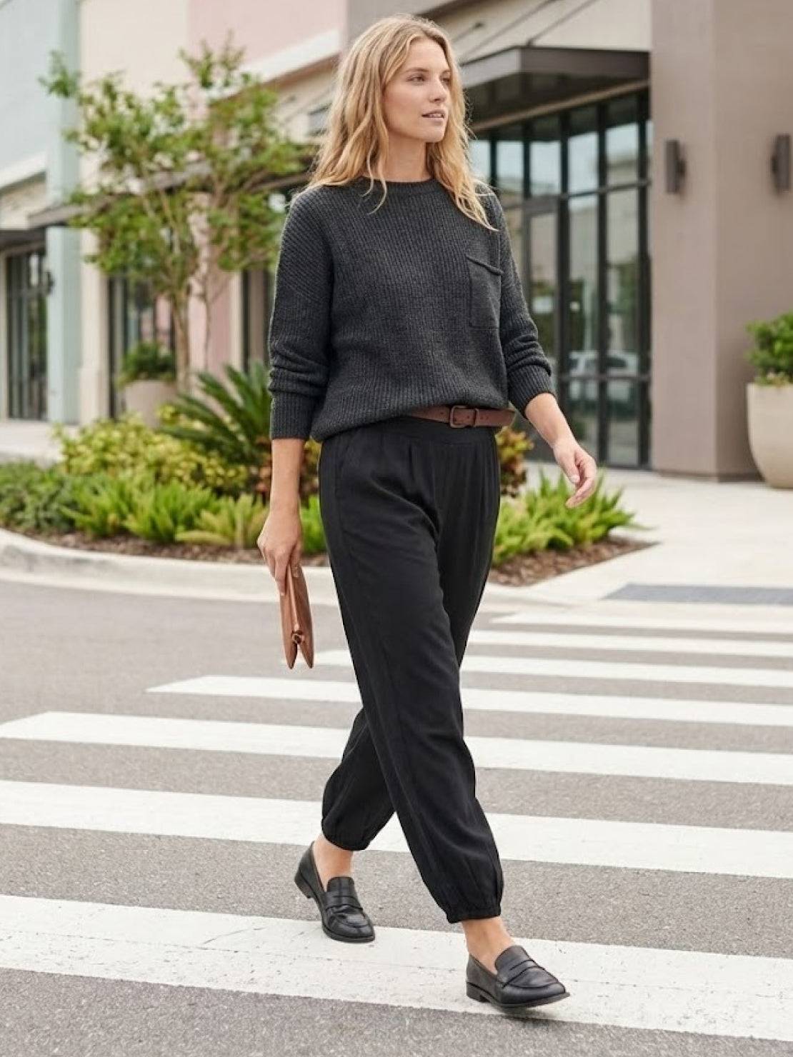 Woman wearing European Minimalism relaxed black sweater top and trouser set walking outdoors