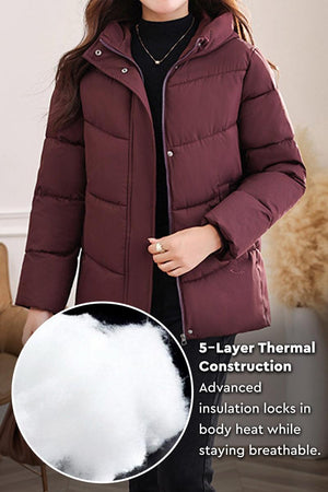 Women's Everyday Warmth Coat in mid-length plum with 5-layer thermal insulation and hood, lightweight and wind-resistant.