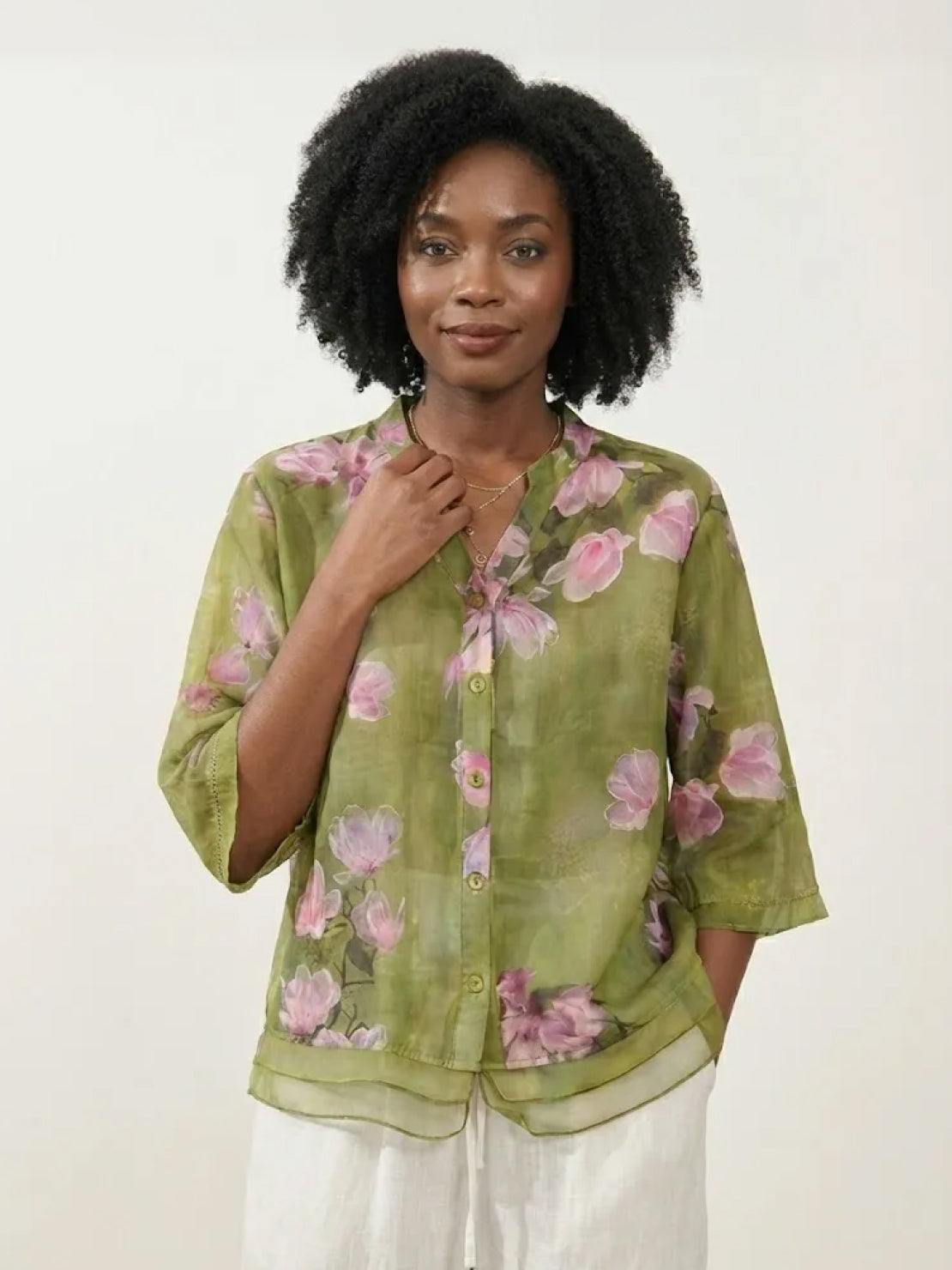 French Boutique Style elegant organza floral print blouse with lightweight breathable fabric
