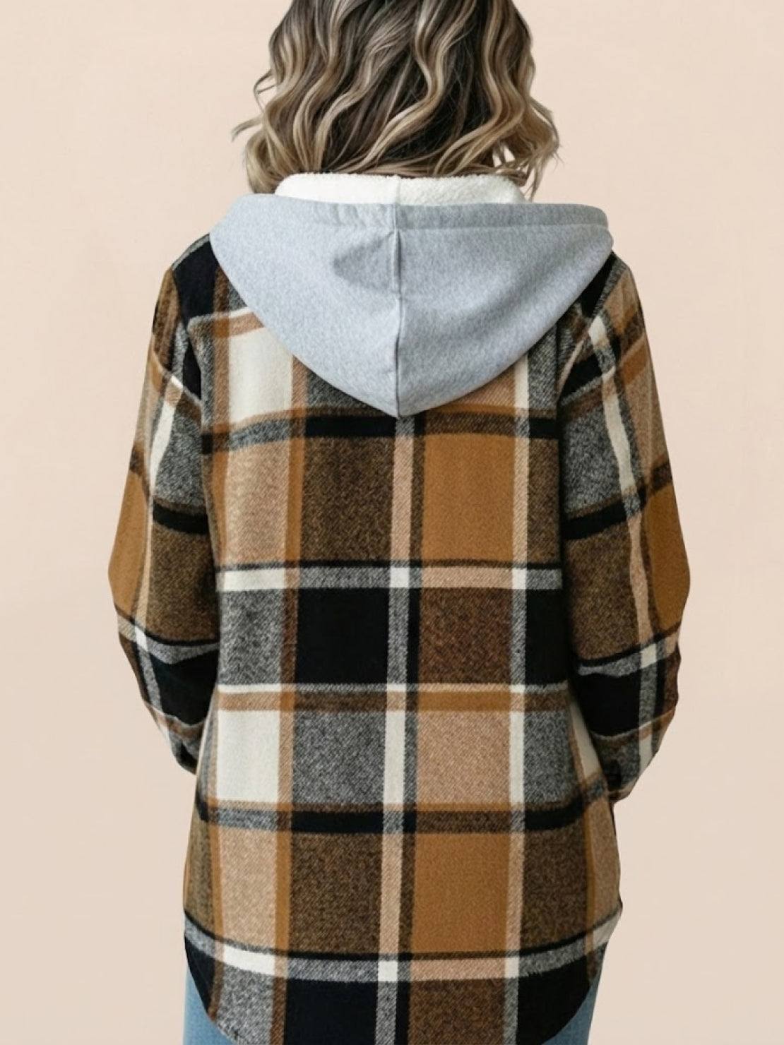 Highland Plaid Shacket with soft fleece lining, relaxed fit, attached hood, button-front, and classic plaid pattern.