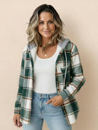 Highland Plaid Shacket women's button-front plaid shacket with hood and fleece lining