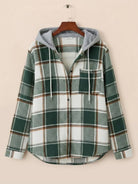 Highland Plaid Shacket with soft fleece lining and hooded relaxed fit for layering in cool weather
