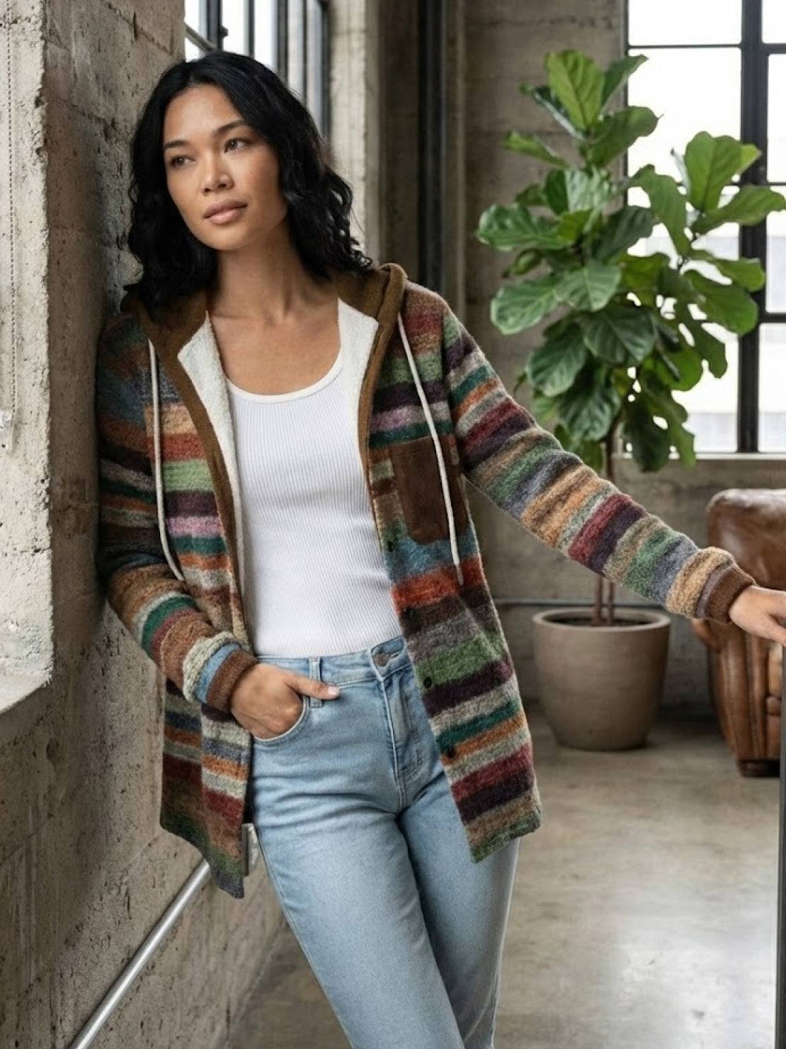 Highland Plaid Shacket with soft fleece lining and hooded relaxed fit in classic plaid pattern