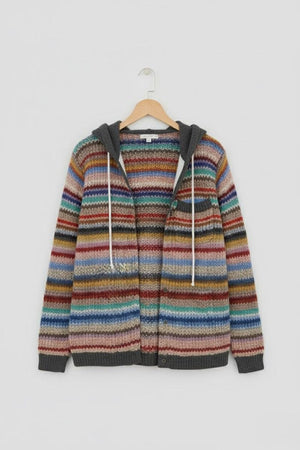 Highland Plaid Shacket with hood and button-front closure in multicolor striped pattern
