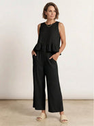 Lightweight linen-like feel two-piece set for women, breathable and wrinkle-resistant, ideal for travel and plus sizes.