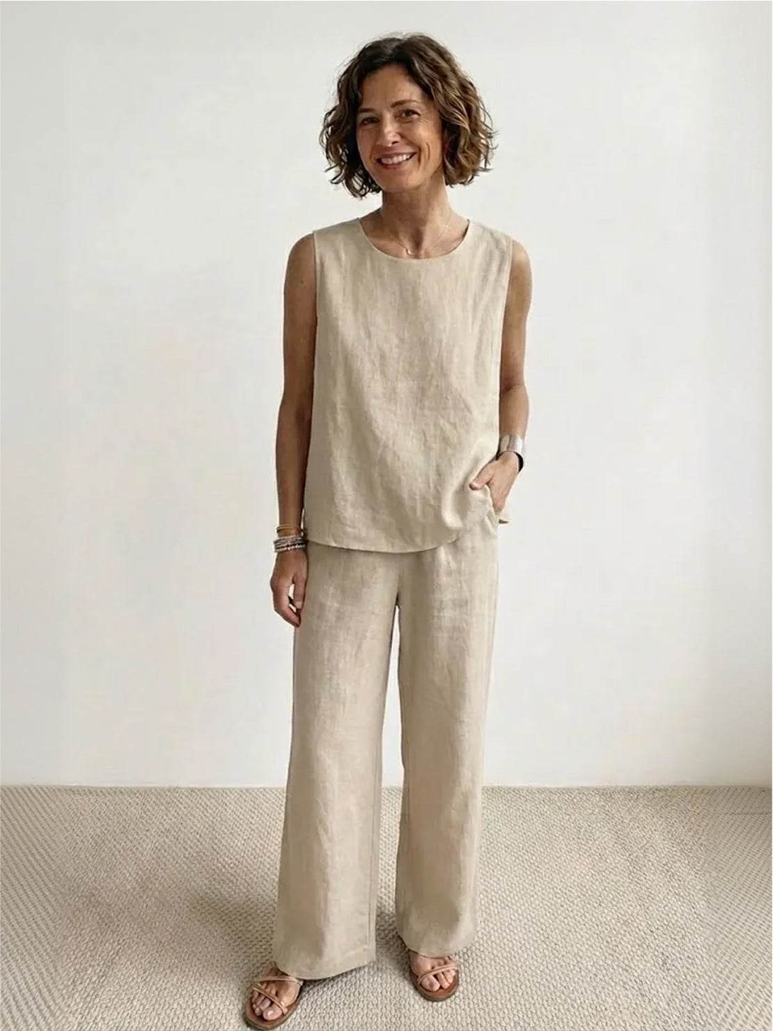 Loose solid color sleeveless two-piece set with oversized fit and breathable cotton blend fabric