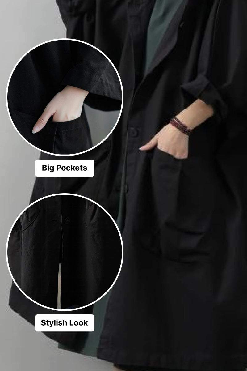 Oversized black waterproof windbreaker jacket with big pockets and stylish design