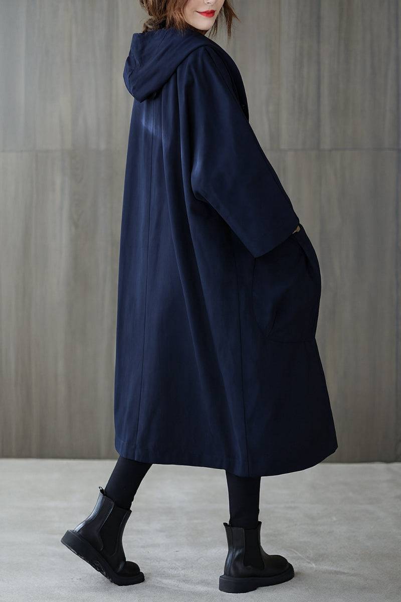 Oversized navy Heritage Windbreaker Jacket with hood and longline design, lightweight and water-resistant for versatile seasonal wear