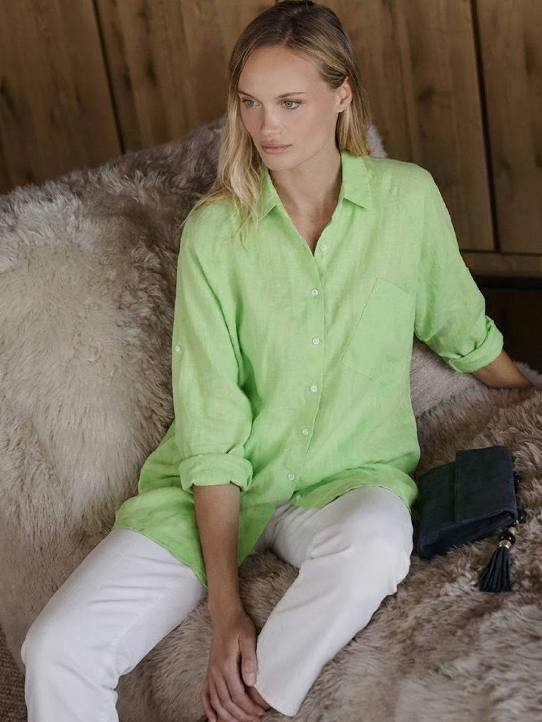 Oversized linen shirt in soft breathable cotton-linen blend with relaxed fit and back button details