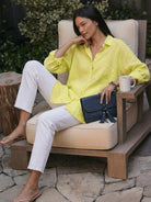 Oversized linen shirt in breathable cotton-linen blend with relaxed fit and back button details