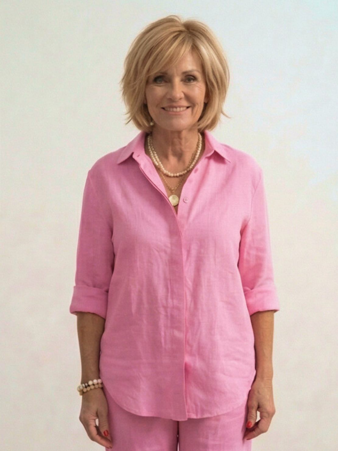 Model wearing oversized 100% cotton shirt and wide-leg pants co-ord set in relaxed silhouette