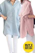 Two oversized linen shirts in light blue and dusty pink, worn with white pants, promotion badge for buy 2 get 56% off.