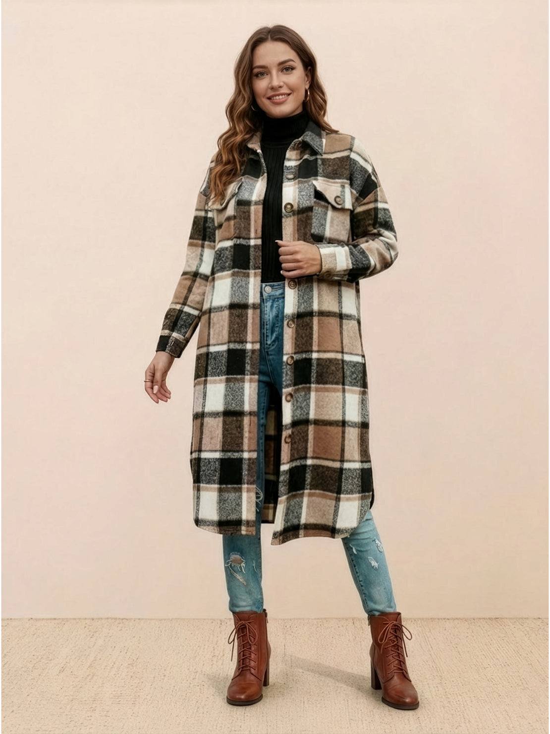 Oversized medium-length blue plaid wool-blend overshirt with relaxed fit and functional pockets