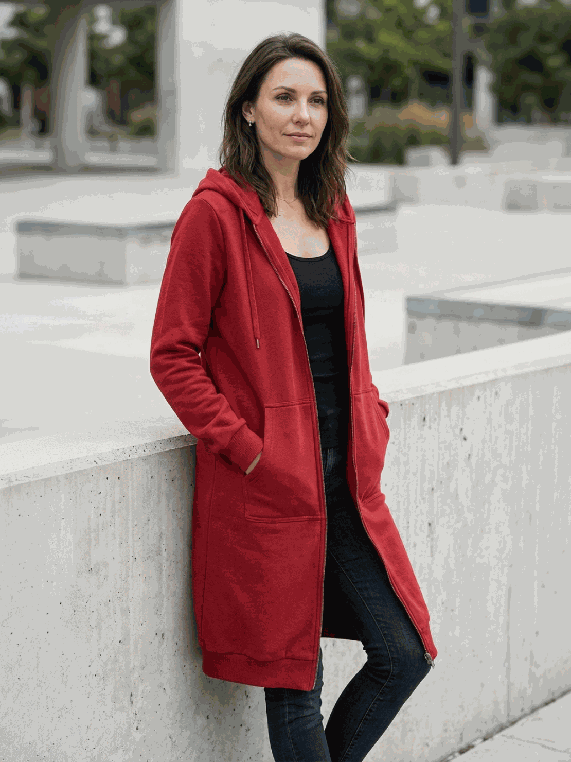 Oversized long zip sweatshirt hoodie with fleece lining and drawstring hood