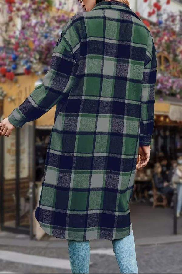 Oversized medium-length blue plaid overshirt in wool blend, cozy and lightweight layering jacket for fall and winter.
