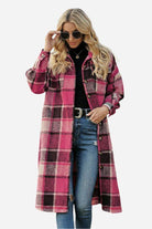 Oversized long pink plaid wool-blend shirt jacket with relaxed fit and functional pockets worn by woman