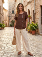 Relaxed Fit Linen Button-Up Tee with breathable cotton fabric and stylish button detail