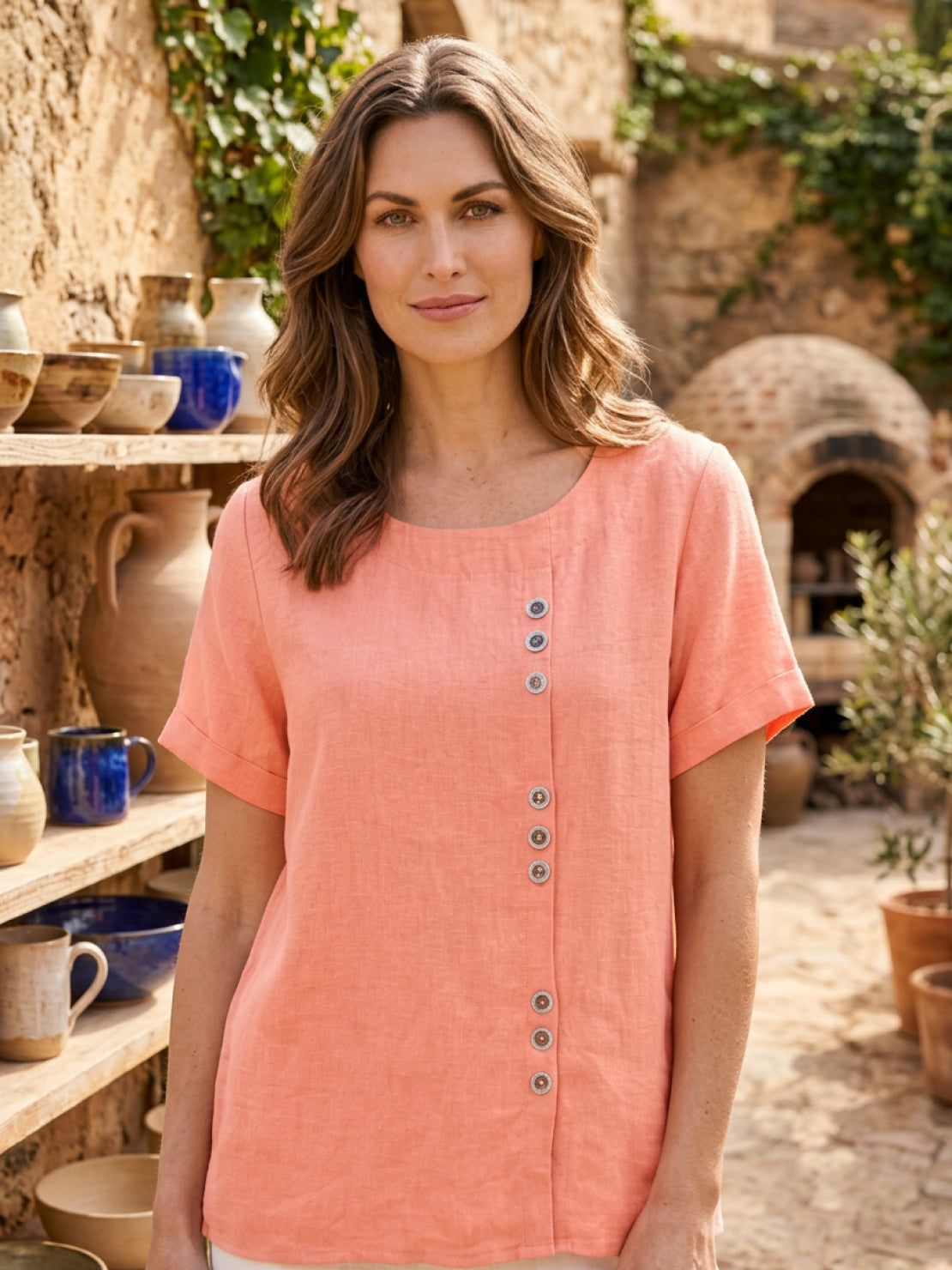 Relaxed Fit Linen Button-Up Tee with breathable cotton fabric and stylish button detail