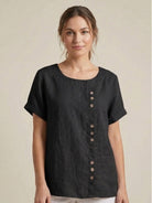 Relaxed Fit Linen Button-Up Tee with breathable cotton linen fabric and stylish button detail