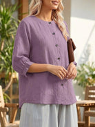 Relaxed loose breathable linen blouse in lavender with front buttons, perfect for summer comfort and style