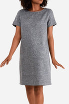 Gray short sleeve shift dress with round neck and knee-length hem
