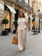 Silken Escape satin two-piece set with flowing top and wide-leg pants in silky fabric