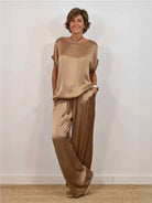 Silken Escape Satin Two-Piece Set flowing satin top and wide-leg pants, elegant and comfortable women's outfit